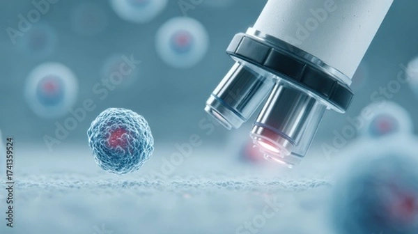 Fototapeta A microscope is focused on a cell, which is surrounded by other cells