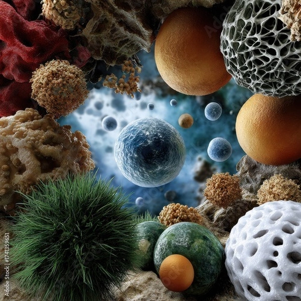 Fototapeta A collection of various colored balls and spheres, some of which are green, blue