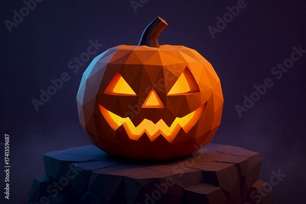 Fototapeta Low-poly jack-o’-lantern glowing on rocky pedestal — Halloween 3D render