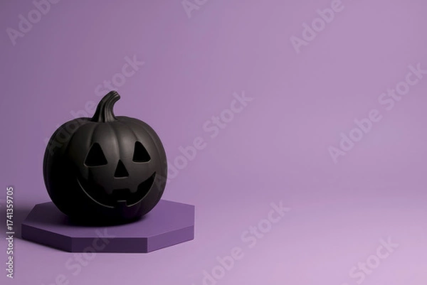 Fototapeta Black Jack-O’-Lantern on Purple Pedestal with Copy Space — Minimal 3D Halloween Background