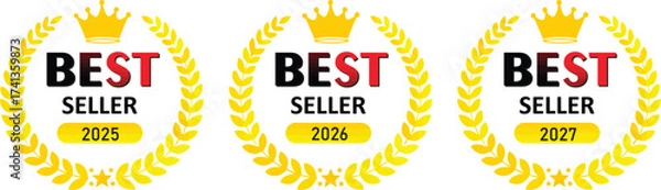 Fototapeta Golden best seller badge set for 2025, 2026, and 2027 with crown and laurel wreath symbolizing award, success, and top achievement