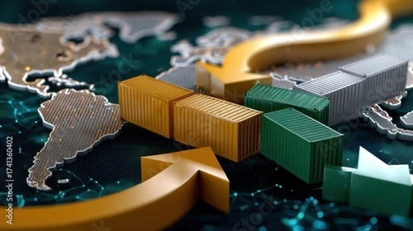 Fototapeta A map of the world with a yellow arrow pointing to a green and white container