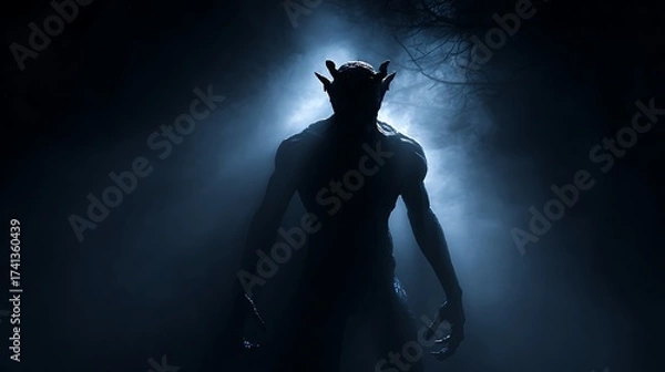 Obraz a terrifying demon standing in darkness casting eerie shadows ominous atmosphere