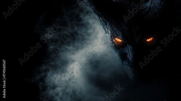 Obraz menacing demon figure emerging from darkness with glowing eyes and sinister presence