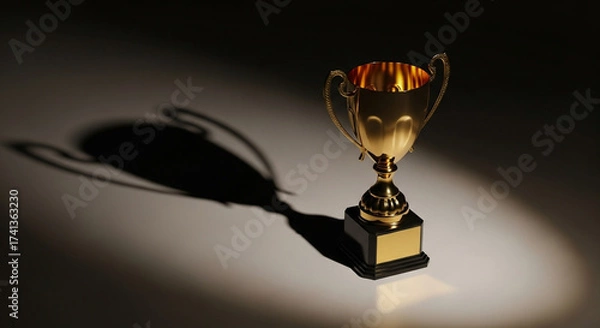 Fototapeta Gleaming Gold Champion's Cup Casting a Stark Shadow in a Single Spotlight