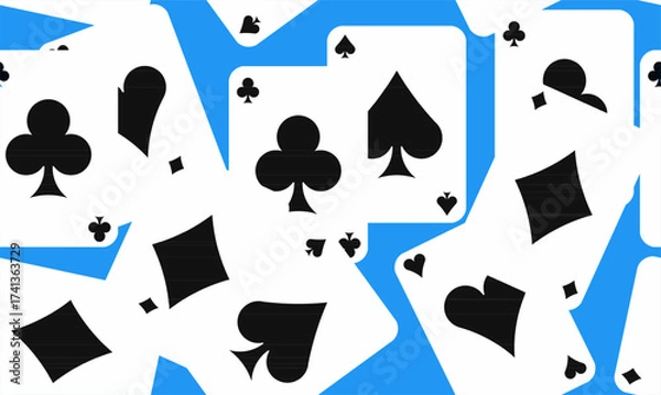 Fototapeta Seamless vector pattern of playing cards with spade, heart, club, and diamond suits in black on white with blue accents. Perfect for casino, poker, and gambling design use.