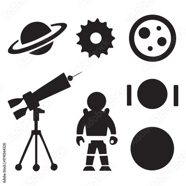Fototapeta Collection of space themed icons featuring planets astronaut telescope and moon