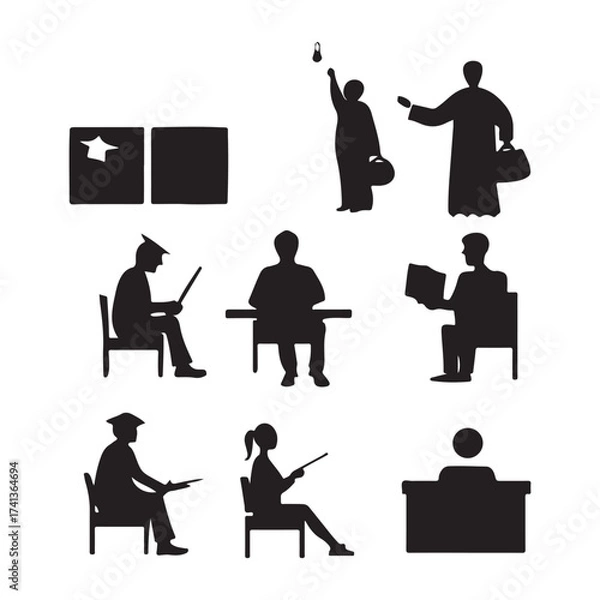 Fototapeta Diverse silhouettes of people engaged in learning and work activities