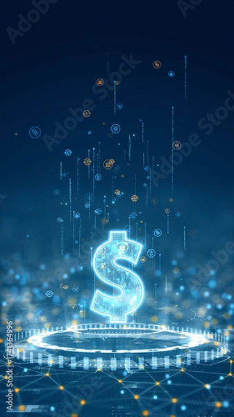 Fototapeta Vertical illustration of glowing dollar currency symbol floating over a futuristic circular interface with digital finance icons in blue tone.