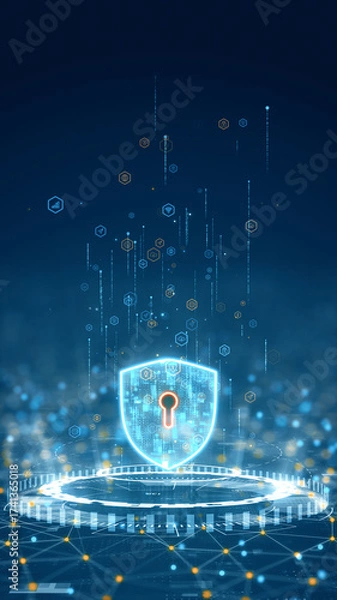 Fototapeta Vertical digital illustration of glowing shield with keyhole symbol representing cybersecurity and data protection in a futuristic network background.