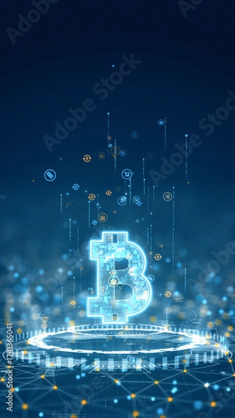 Fototapeta Vertical digital artwork showing a glowing bitcoin symbol above a circular futuristic platform surrounded by blockchain and finance icons.