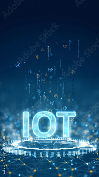 Fototapeta Vertical digital illustration of glowing IOT letters emerging from a futuristic circular platform representing Internet of Things technology and connectivity.