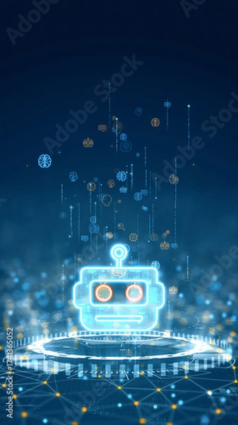 Fototapeta Vertical digital artwork of glowing robot face above futuristic platform symbolizing robotics, automation, and modern AI technology in a cyber network.