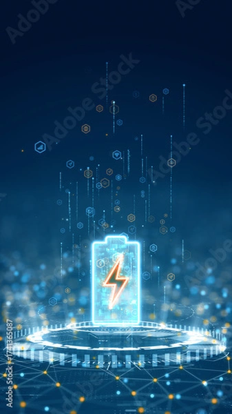 Fototapeta Vertical illustration of glowing battery with lightning symbol representing energy storage, charging technology, and sustainable power concept.