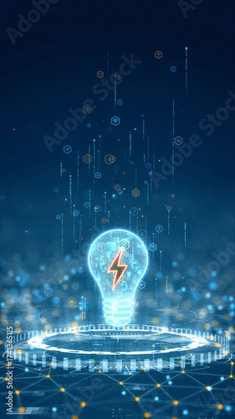 Fototapeta Vertical glowing light bulb with lightning symbol above a futuristic platform representing innovation, energy technology, and creative ideas.
