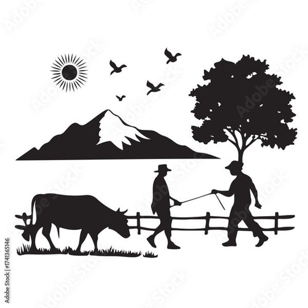 Fototapeta Farmers tending to livestock under a majestic mountain and a large tree