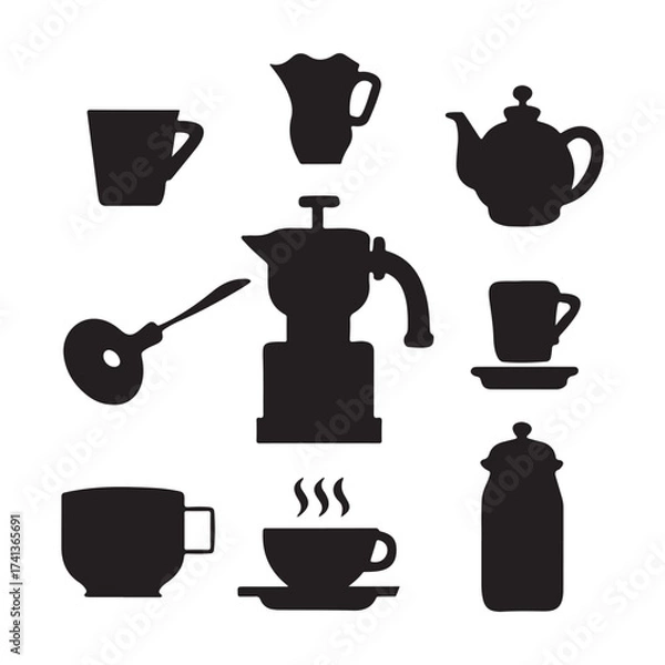Fototapeta Silhouette collection of coffee and tea making and serving utensils