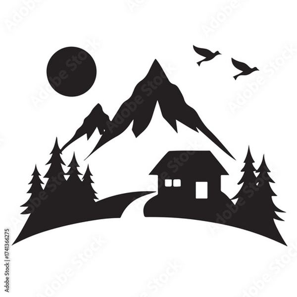 Fototapeta Silhouette of a cabin nestled in mountains with trees and birds at sunset
