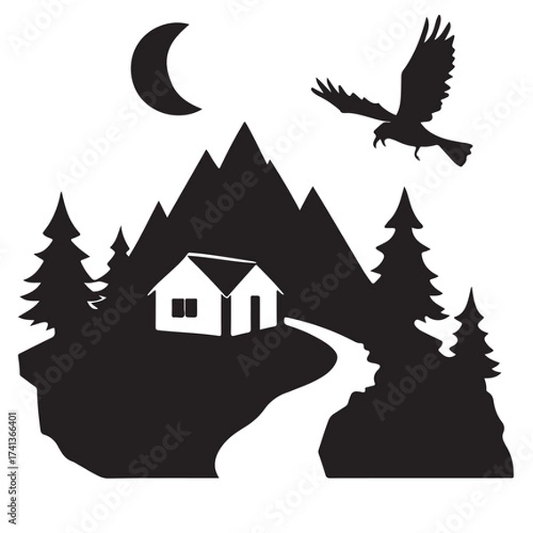Fototapeta Silhouette of a mountain cabin under a crescent moon with an eagle soaring above