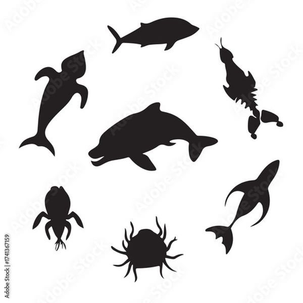 Fototapeta Silhouettes of diverse marine life forms arranged in a circular pattern