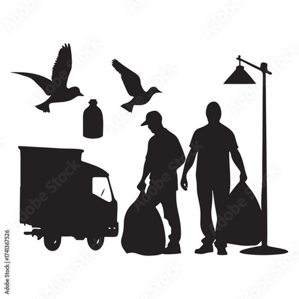 Fototapeta Silhouettes of sanitation workers collecting trash with a truck and birds flying overhead