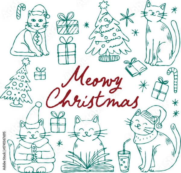 Obraz Meowy Christmas Cat Doodle – Cute Hand-Drawn Christmas Cats with Trees, Presents, Books and Drinks – Holiday Sublimation for Cat Lovers