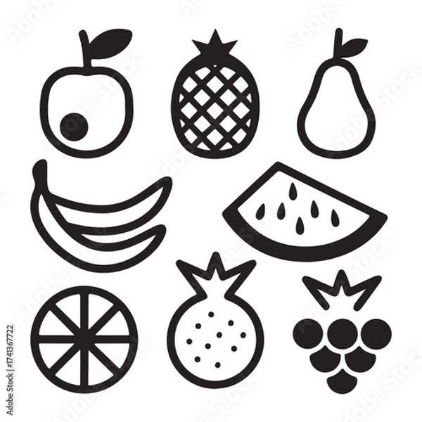 Fototapeta Simple outline illustrations of various fresh fruits in a clean design