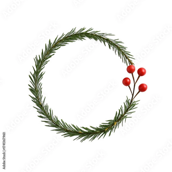 Fototapeta Circular Holiday Wreath with Green Pine Needles and Red Berries on a Transparent Background