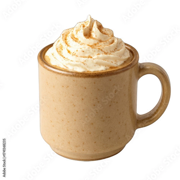 Fototapeta Creamy Whipped Cream Topped Coffee in a Beige Ceramic Mug on Transparent Background