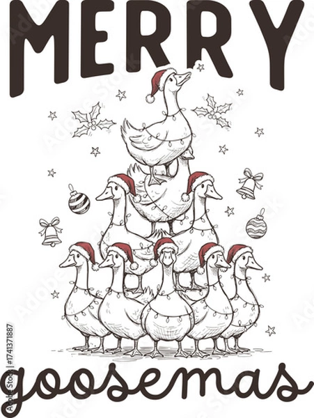 Obraz Merry Goosemas – Funny Goose Christmas Tree Illustration Featuring Multiple Geese Stacked in Tree Shape with Santa Hats and Ornaments, Perfect for Holiday Decor