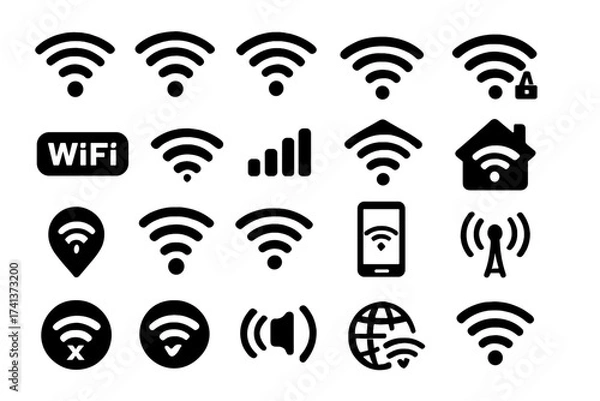 Fototapeta Wireless and wifi icons set. Internet connection signal strength, mobile data, network hotspot symbols. Communication UI UX pictogram collection. Vector glyph illustration.