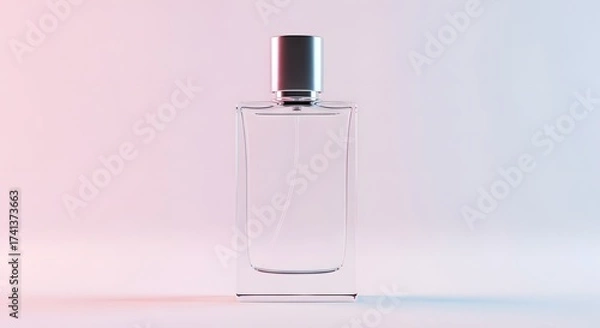 Fototapeta A minimalist empty clear glass perfume bottle with a silver cap against a soft pink and blue gradient background.