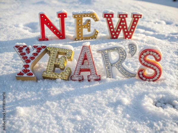 Fototapeta Happy New Year letters written on snow