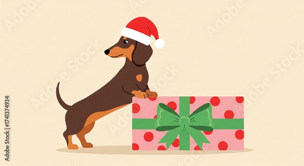 Obraz A dachshund dog, center-left in the frame, is depicted in a flat illustration style against a light beige background