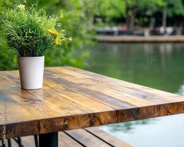 Fototapeta Floating rusticmodern coffee shop with dock access, wooden finishes, and tranquil ambiance