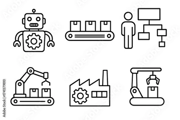 Obraz Mass production & industrial automation icon set. Thin line style icons of robot, robotic arm, factory, conveyor belt & workflow process chart. Vector symbols for manufacturing.