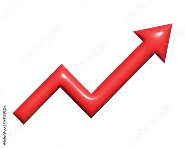 Fototapeta Growing business 3d glossy arrow up on white background. Profit 3d red shiny arrow, Vector.Business concept, growing chart. Sales symbol icon with arrow moving up. Economic Arrow With Growing Trend.	