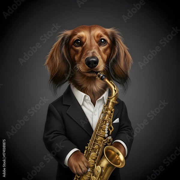 Fototapeta A long-haired dachshund in a suit with a saxophone in its paws. Portrait on a dark background. Hyperrealistic illustration