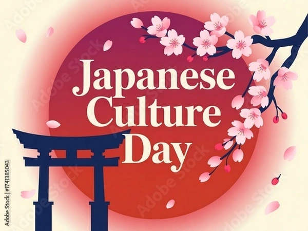 Obraz Celebrate japanese culture day with cherry blossoms and a traditional torii gate illustration