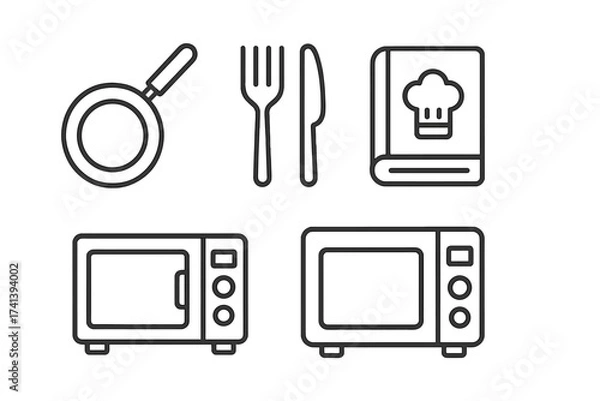 Fototapeta Cooking web icons in line style. Kitchen equipment set includes frying pan, fork, knife, recipe book, and microwave. Vector illustration for culinary blog or restaurant menu.
