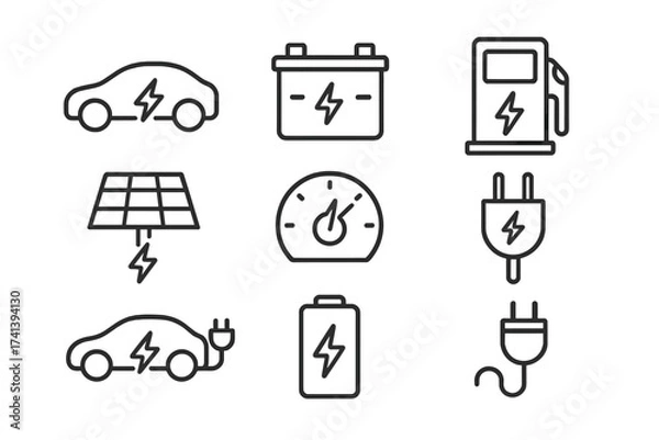 Fototapeta Electric vehicle line icon set. EV car, charging station, battery, solar panel, and plug icons. Sustainable transport and green energy concept. Editable stroke vector collection.