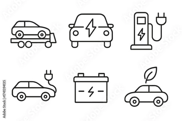 Obraz Electric car web icon set in line style. EV collection including logistic, electrical charger station, battery power, and eco transport symbols. Vector illustration for green energy.