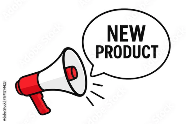 Fototapeta Megaphone with new product announcement speech bubble. Loudspeaker for business, marketing, advertising. Promotion, sale, and launch concept. Vector illustration banner.