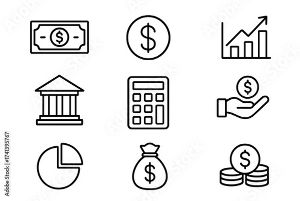 Fototapeta Business and finance line icon set. Vector symbols for money, banking, investment and economy. Includes dollar, chart, calculator and bank pictogram for web and infographic.