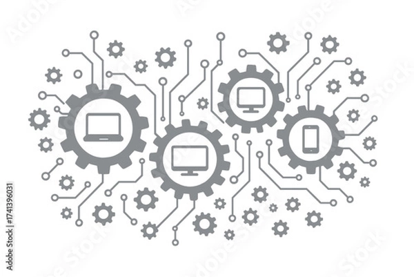 Fototapeta Technology integration concept. Digital ecosystem with connected gears and device icons. Electronics mechanism with laptop, monitor, phone symbols. Vector network illustration.