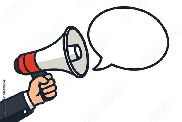 Fototapeta Businessman hand holding megaphone with blank speech bubble. Loudspeaker for announcement, marketing, advertising. Business promotion, alert message. Communication concept vector.