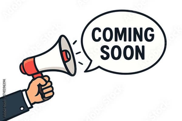 Fototapeta Coming soon announcement with megaphone. Hand holding loudspeaker for business marketing and advertising. Promotion banner. Grand opening or new product launch vector illustration.
