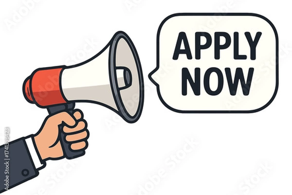 Fototapeta Hand holding megaphone with apply now speech bubble. Loudspeaker for recruitment and hiring announcement. Job vacancy offer. Join our team. Business marketing concept vector.