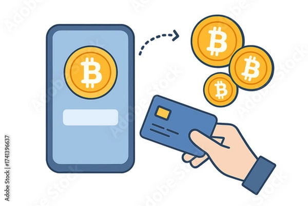 Fototapeta Bitcoin transaction concept. Buying cryptocurrency with credit card. Mobile phone wallet for crypto exchange. Digital money payment technology. Fintech and blockchain vector.