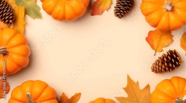 Fototapeta pumpkin border with autumn leaves. thanksgiving day background Flat lay of autumn decorations featuring